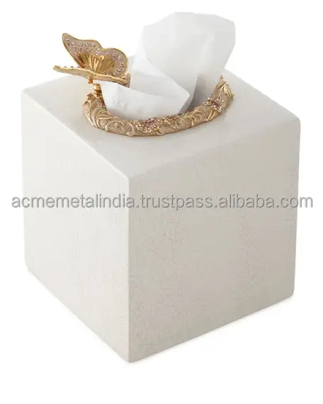 Scatola di fazzoletti scatola di tovaglioli bordo di apertura superiore marmo con e senza giunti ottone bianco intagliato e fuso Design floreale metallo dorato