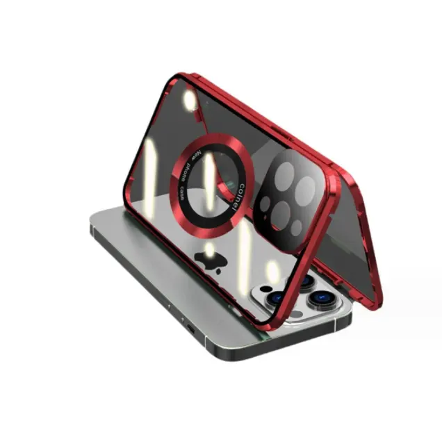 Capa magnética de proteção total OEM 360 para iPhone 15 14 13 Pro HD vidro transparente moldura de metal carregamento sem fio capa de telefone