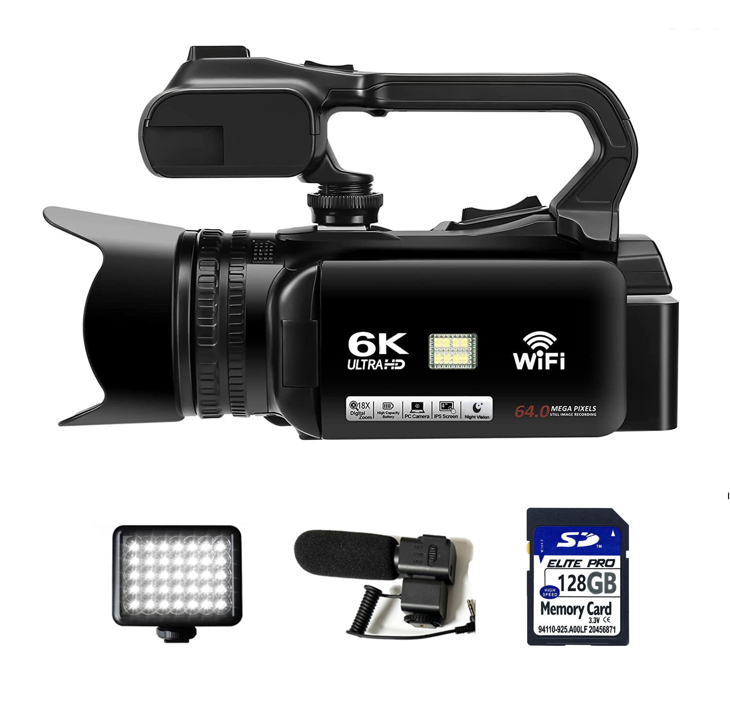 Black--With light + Mic + 128GB SD