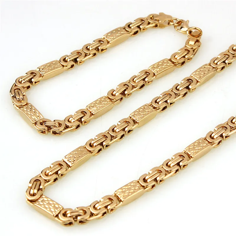 MJ moda elegante Acero inoxidable PVD chapado en oro cadena bizantina collar y pulsera conjunto de joyas
