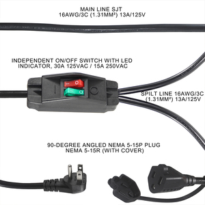 Usa Us 3 Pin Plug American Ac <strong>Computer</strong> 2 in 1 NEMA 5-15R NEMA 5-15P AC Y Outlet Splitter Extension Power Cord With Switch - Product Image 3