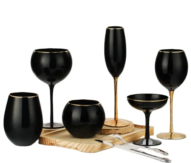 Stemless Wine Glass Hot Sale Gold Rim Black Wine Glass Round Shaped Gold Handmade Wine Glasses Set for Daily Use