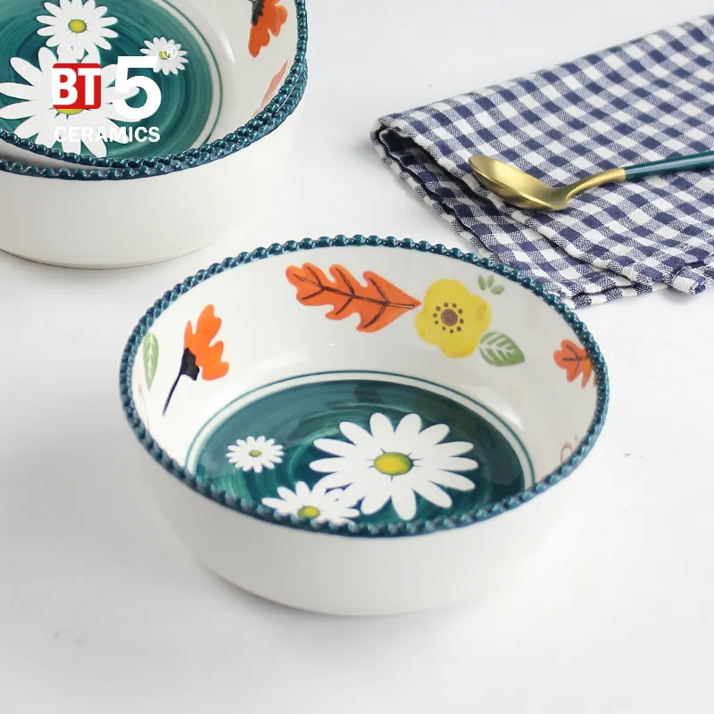 Stoviglie personalizzate ciotole di cereali pittura a mano margherita fiori Design ceramica cina ciotola di frutta per cucina forno a microonde sicuro