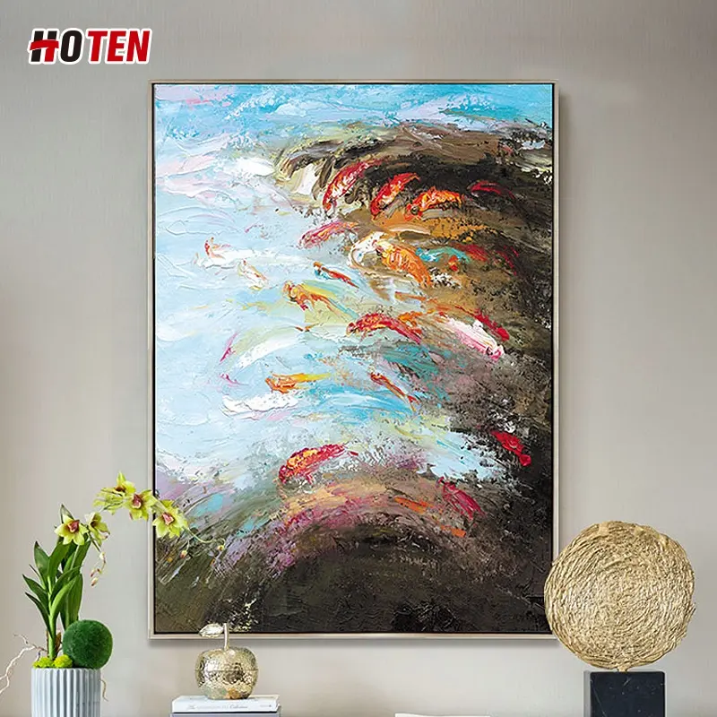 Pintura al óleo de pescado pintado a mano, pintura al óleo abstracta gruesa minimalista moderna, pintura decorativa vertical de pescado de Tai Chi