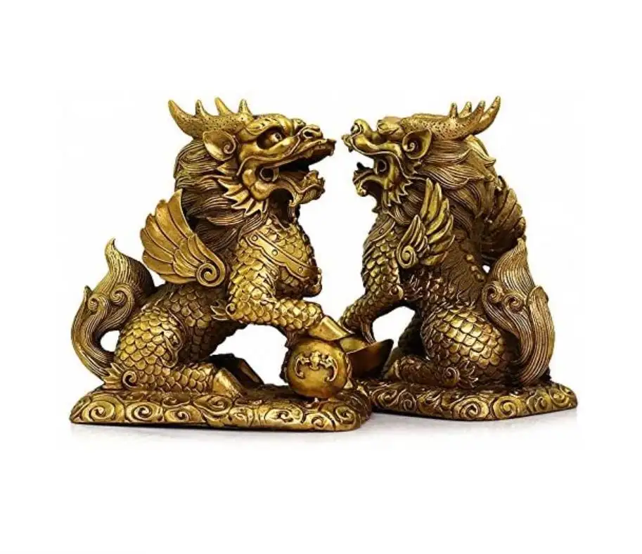 Polyresin Draak Feng Shui Set Van Twee Gouden Messing Chi Rijkdom Welvaart Standbeeld Lucky Charm Oude Munten Op Rode Draad