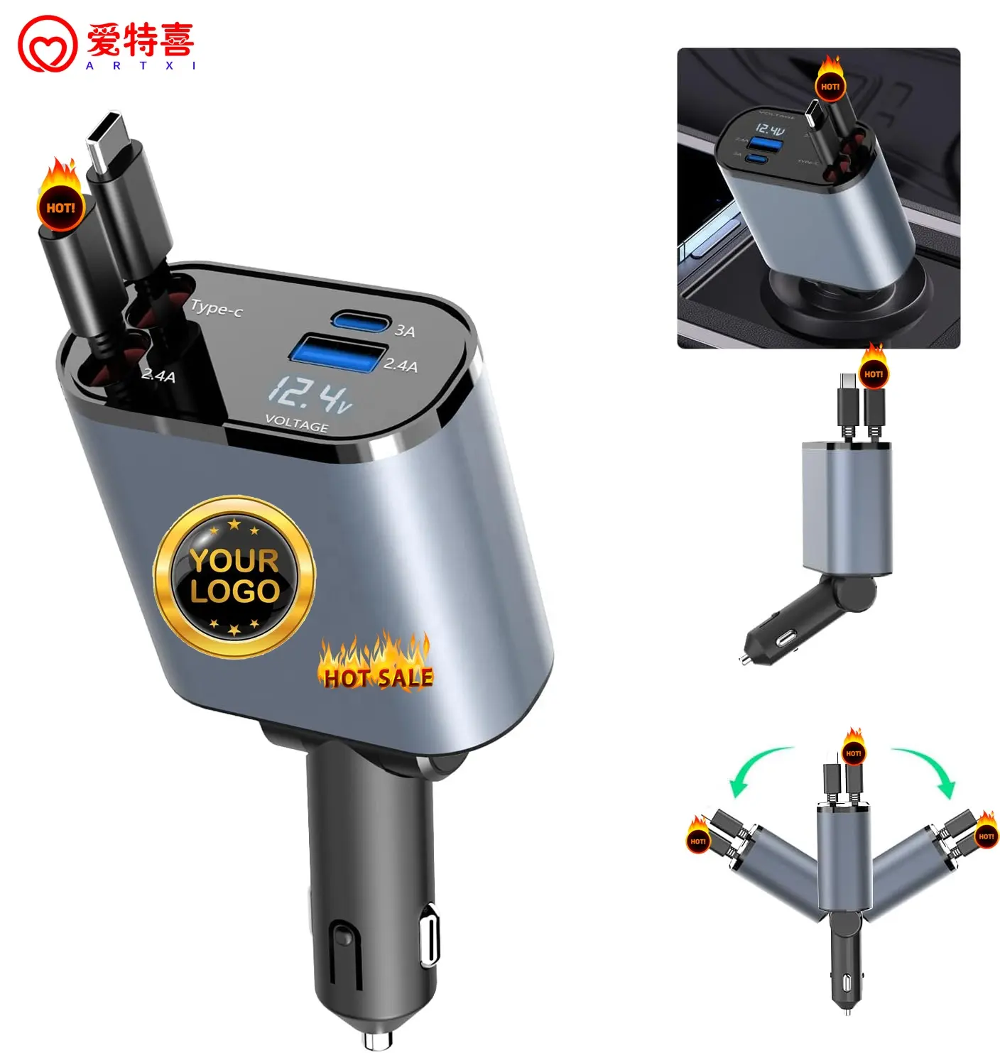 Accesorios para coche 2024 nuevos productos 4 en 1 USB-C pantalla Digital LED retráctil 120W encendedor de cigarros tipo C PD cargador de coche rápido