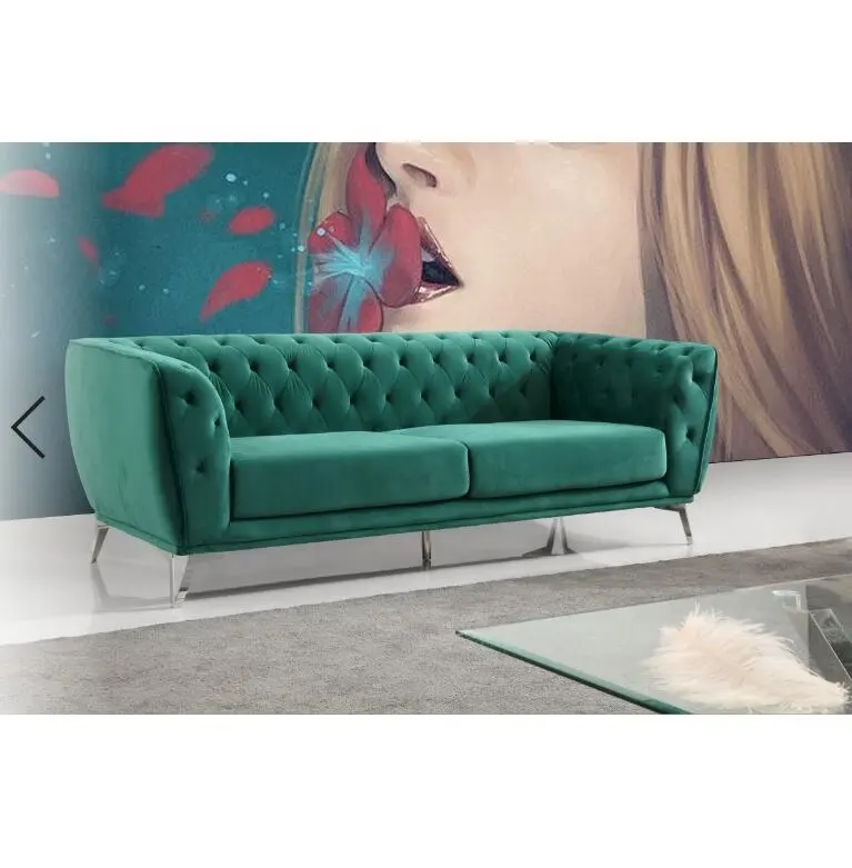 Meridian Furniture Scarlett Collection Moderne | Canapé rembourré contemporain en velours avec capitonnage à boutons profonds et chrome personnalisé