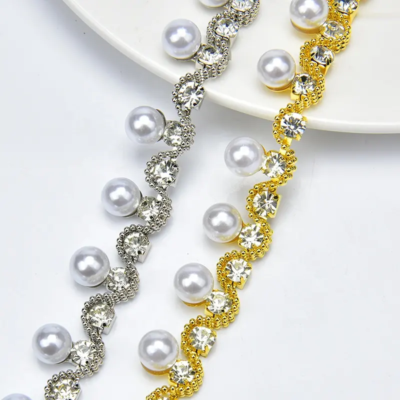 Moda strass perla Trim vetro cristallo perle bianche frangia perline catena decorazione cintura per abbigliamento scarpe abbellimento fai da te