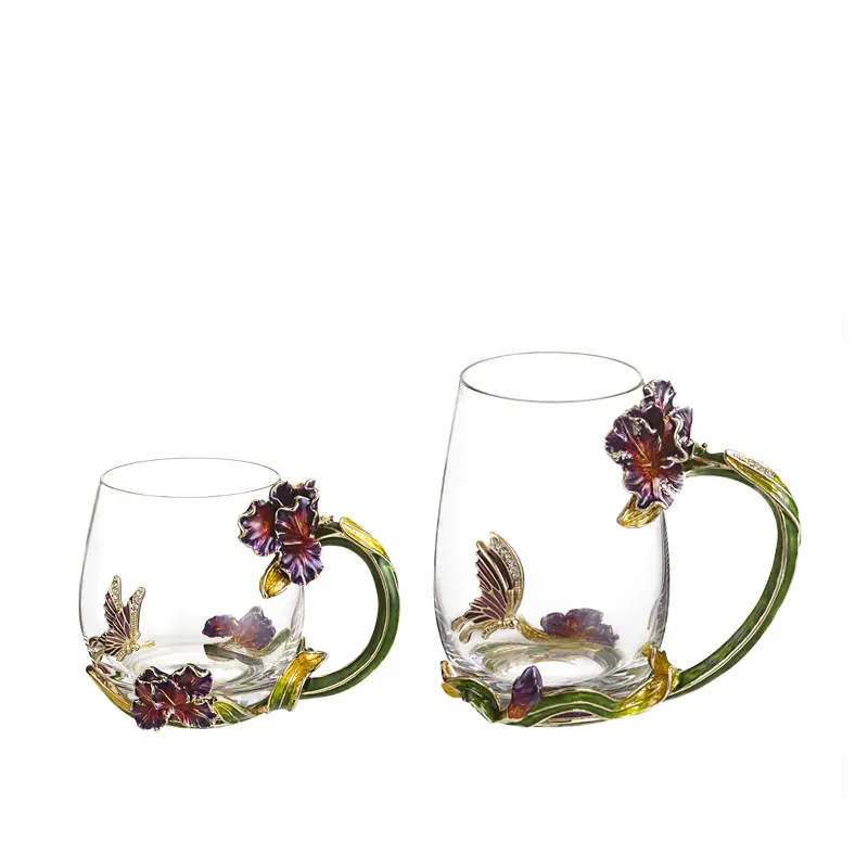 Noshman Beste Gift Copa De Vidrio Elegante Bloemen Thee Koffie Mok Creatieve Custom Gedrukt Tin Crystal Emaille Glas Cup