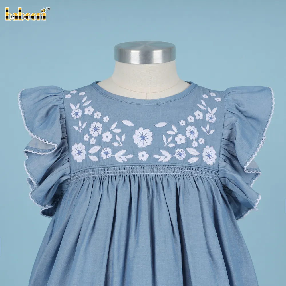 女の子刺繍花ブルードレスOEMODM子供スモックベビードレススモックガールドレスキッズ服卸売-DR3804