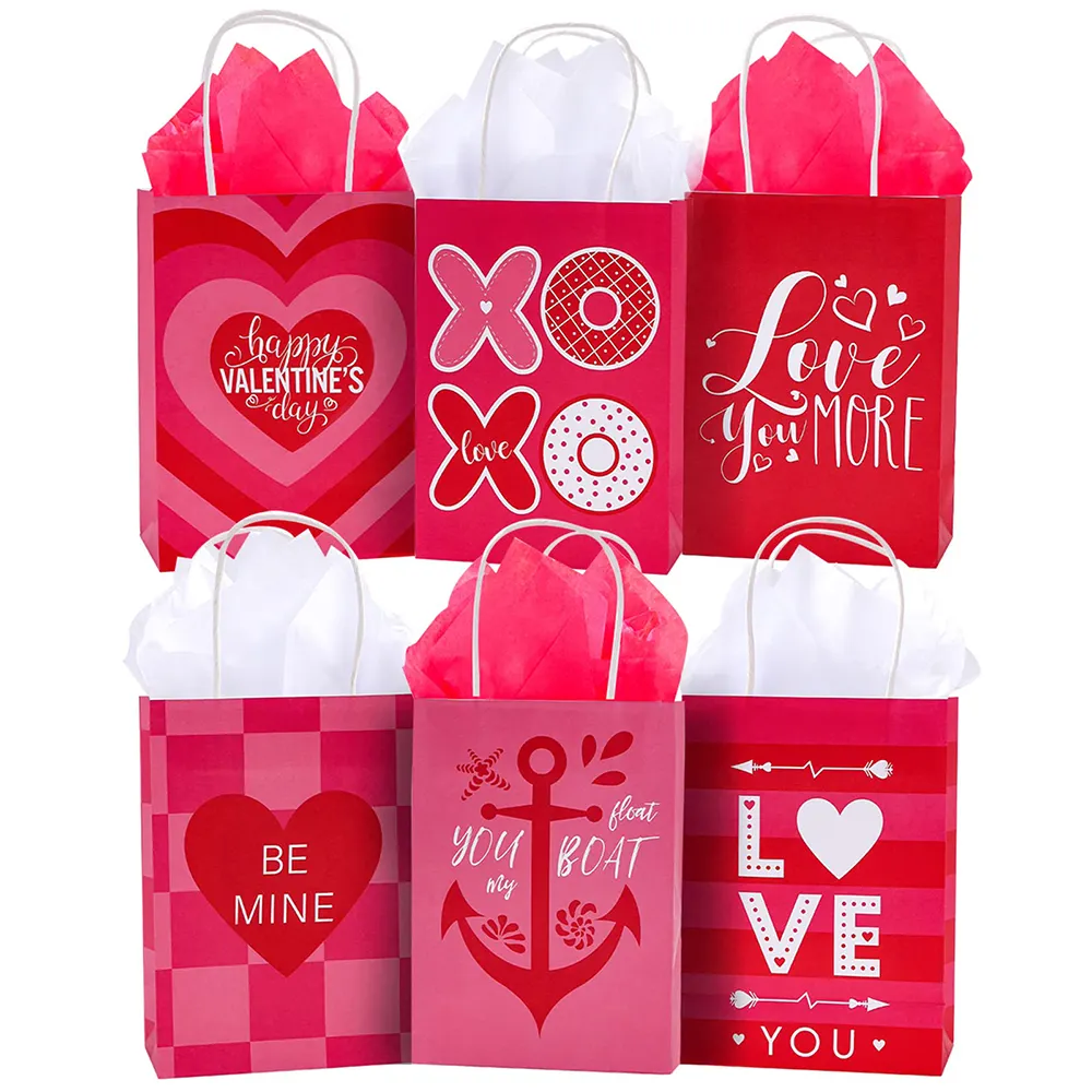 Bolsas de compras personalizadas para regalo de San Valentín, embalaje de Chocolate, bolsas de regalo de Papel Kraft con asas resistentes