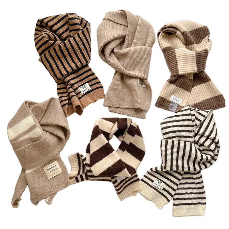 Новый дизайн, зимний мягкий теплый плотный кофейный вязаный шарф в полоску
