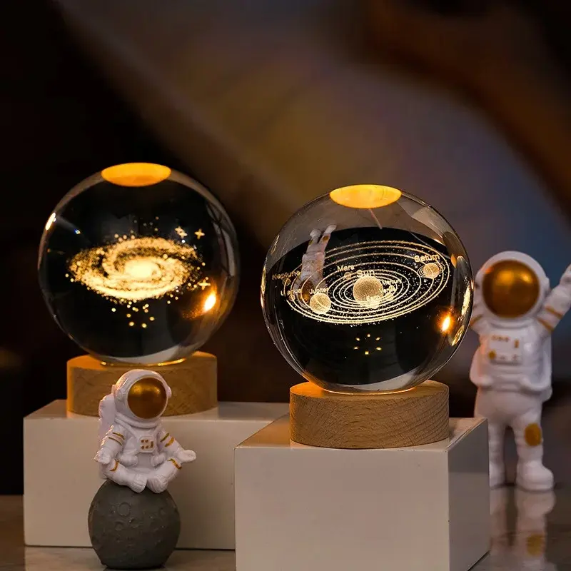 Bola de cristal 3D Adornos de cristal Sistema Solar Luna Base de madera luminosa Decoración del hogar Regalo de Navidad Luz de noche Luz de cristal