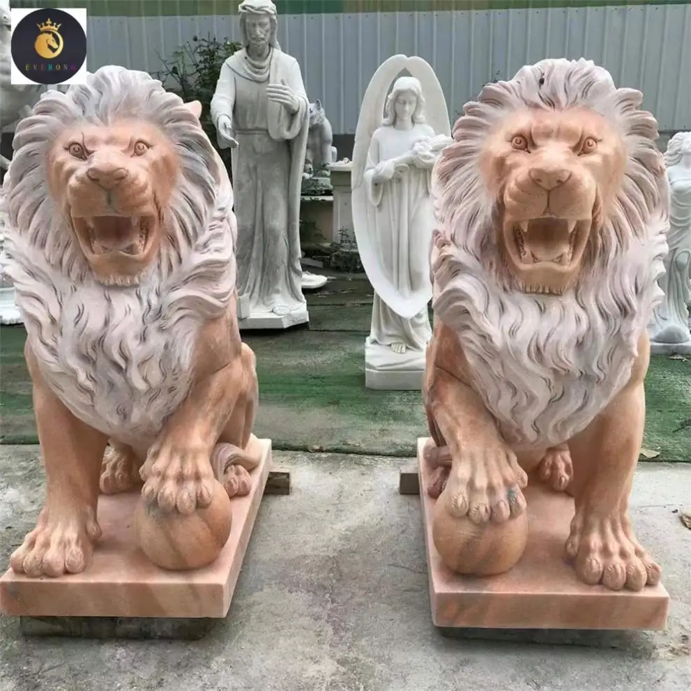 Tramonto marmo rosso pietra scolpita a mano statue animali leoni di marmo