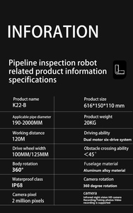 Sistema CCTV de limpieza de alcantarillado, Robot de inspección de tuberías subterráneas, Sensor CMOS de ojo de pez, H.264, vídeo, visión nocturna, 1, 2, 2, 1, 2 - Product Image 6