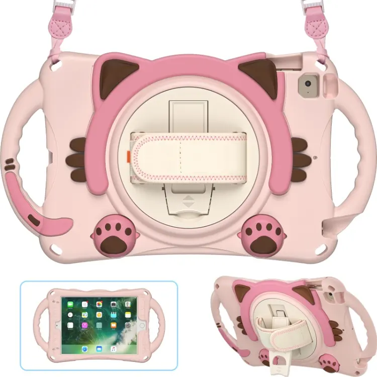 Universal 3D cat cute design kids case silicon tablet cover for iPad mini 5/4/3/2/1 with shoulder strap hands strap kickstand