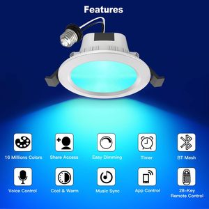 Smart Recessed Light <strong>4</strong> Inch Multicolorred Dimmable by App CCT 9 <strong>Watts</strong> CRI80+ Group Control Music Sync BT Smart <strong>LED</strong> Downlight - Product Image 5