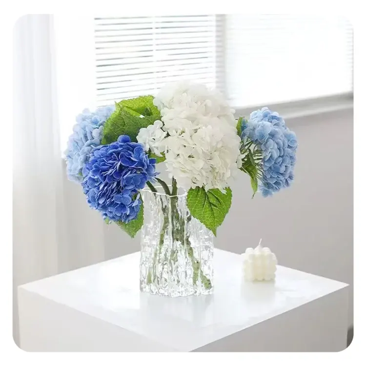 Hortensia de flores artificiales al por mayor, Hortensia de látex decorativa de un solo toque real blanca, azul y verde