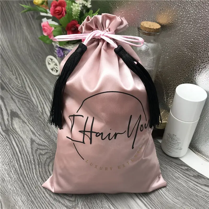 Rose gold satin bags with tassel, silk drawstring bags for hair accessories and hair jewelry, hair extension packaging bag