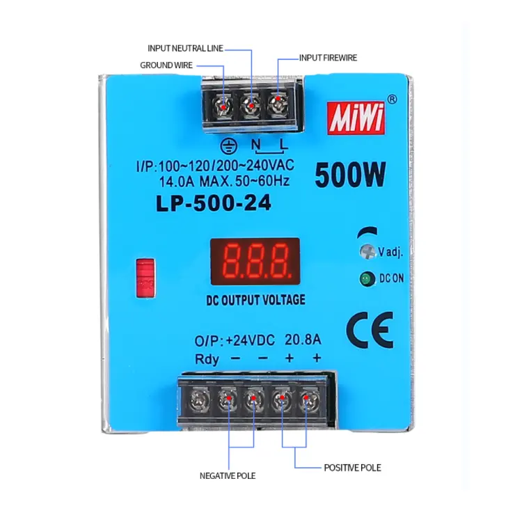 Miwi LP-500-12 hiển thị kỹ thuật số 12VDC cung cấp điện 500W 12V 40A DIN đường sắt bao vây chuyển mạch cung cấp điện cho LED Strip ánh sáng