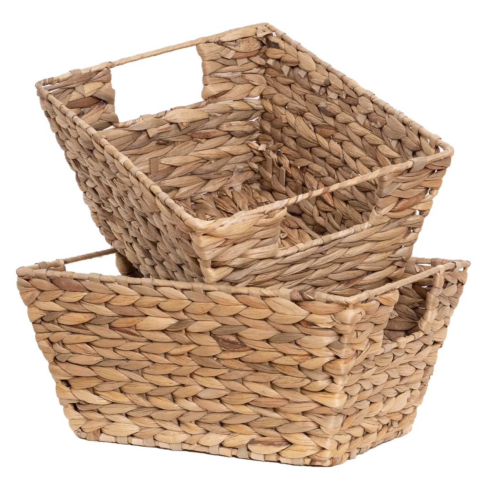 Conjunto natural de 2 cestas de armazenamento, conjunto de 2 cestas retangulares de água e drenagem com alças, tecido à mão, organizador de casa, presilhas, ecológico