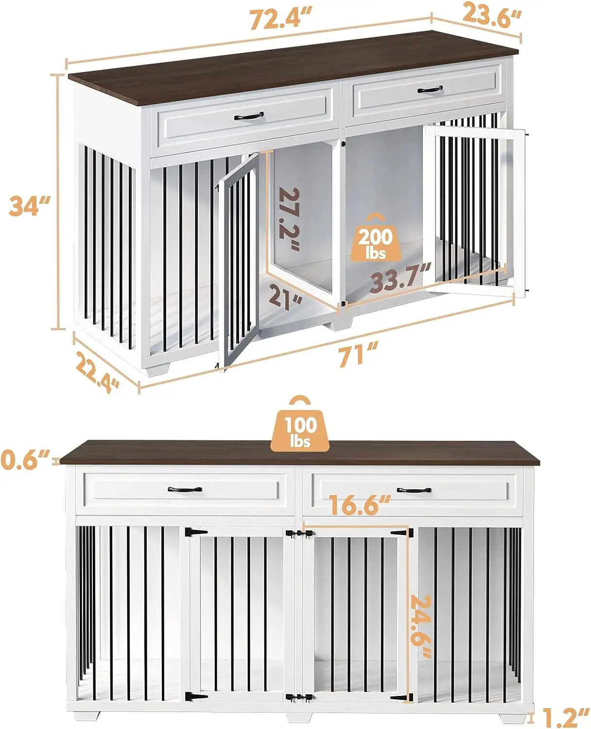 Large Dog Crate Furniture Dog Crate Kennel with 2 Drawers and Divider Heavy Duty Dog Crates Cage Furniture