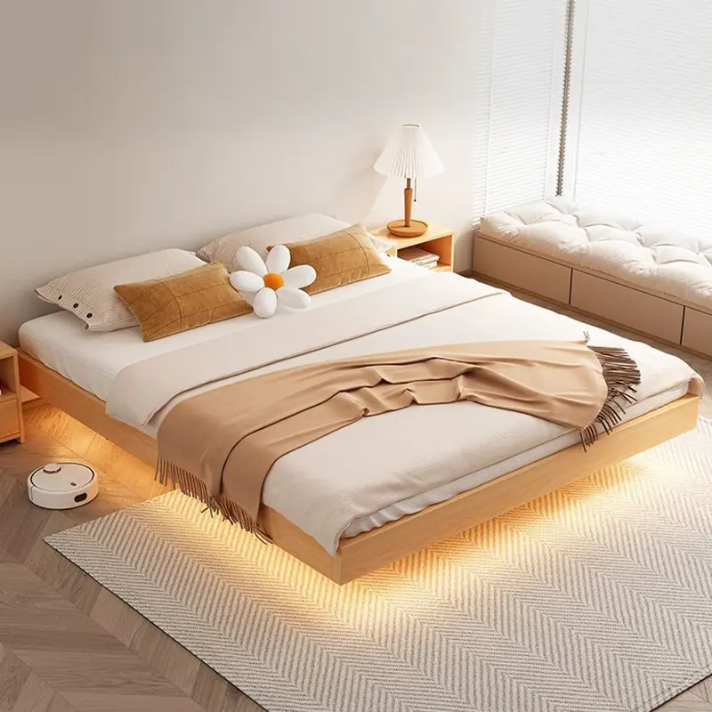 Buena calidad precio bajo estilo crema minimalista estructura de madera maciza Led luz flotante Suspensión de madera maciza cama de madera suspendida