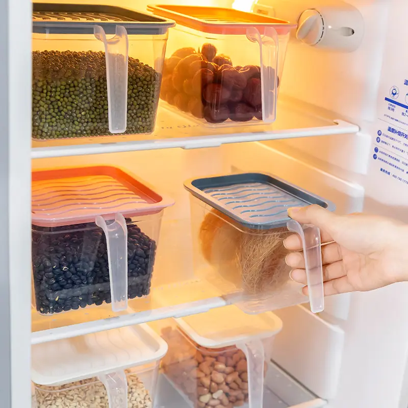 選択肢楽しいキッチンの必需品プラスチック製のペットのふた食品収納ボックスとビン冷蔵庫冷蔵庫コンテナオーガナイザーK用ハンドル付き