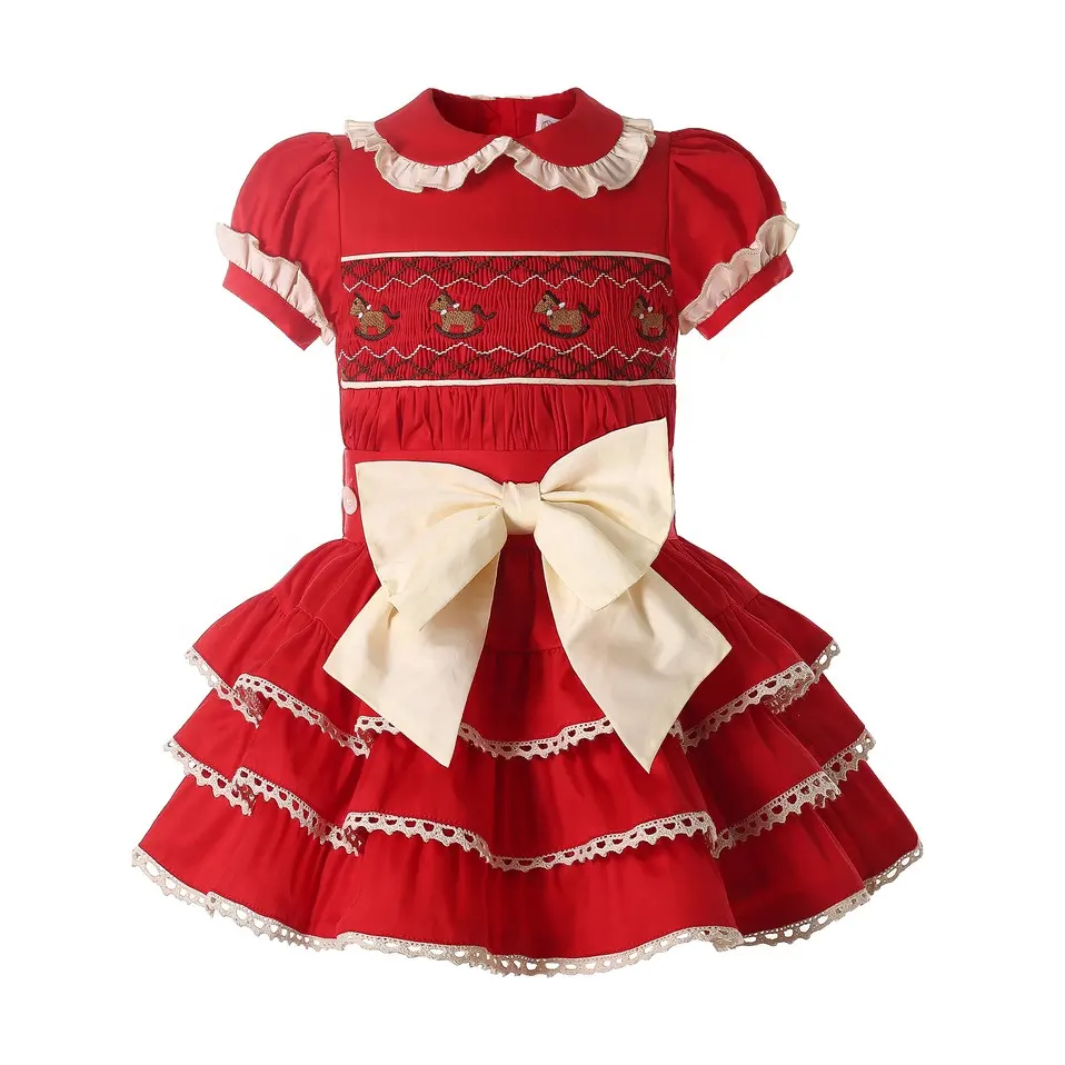 Pettircia bambina spagnola bambina Smocked abito rosso principessa abiti per bambini 2 pz natale grembiule abbigliamento 1 borsa = 1 pz