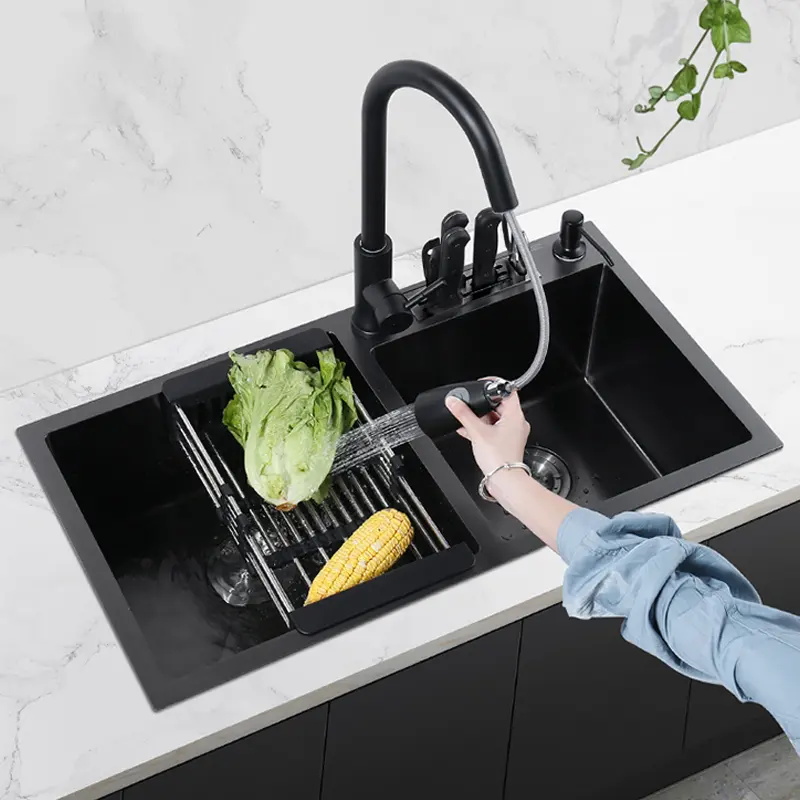 Lo último en fregadero de cocina moderno de doble cuenco de cascada negra, fregadero de lujo de acero inoxidable 304 Nano escalonado profundo