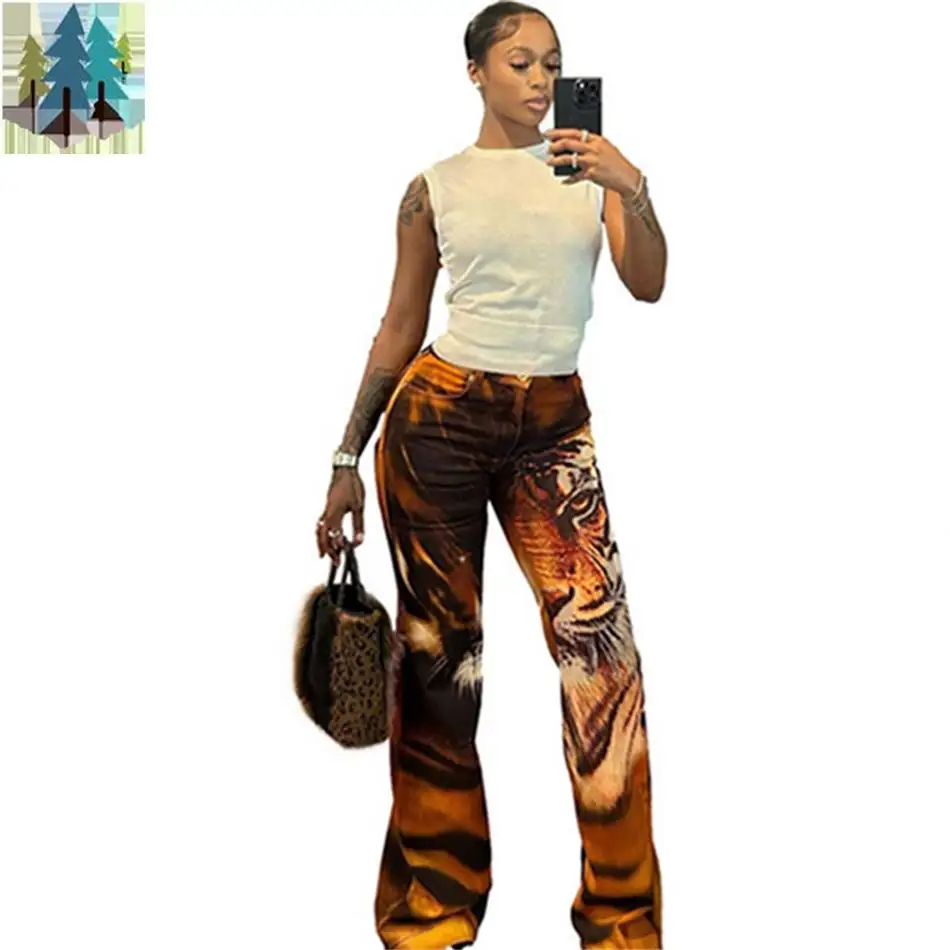 Wholesale 2023 new trendy boutique tiger print stylish trousers flare women's pants