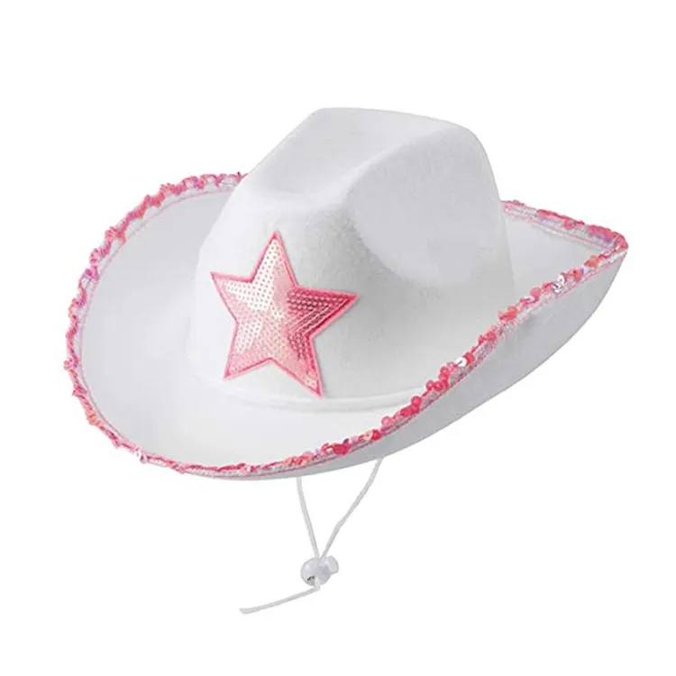 Sombreros de vaquera blancos Pink Star Cow Girl Hat con lentejuelas Trim Fringe Cuello ajustable Draw String Tamaño adulto Sombrero temático de vaquero H1001