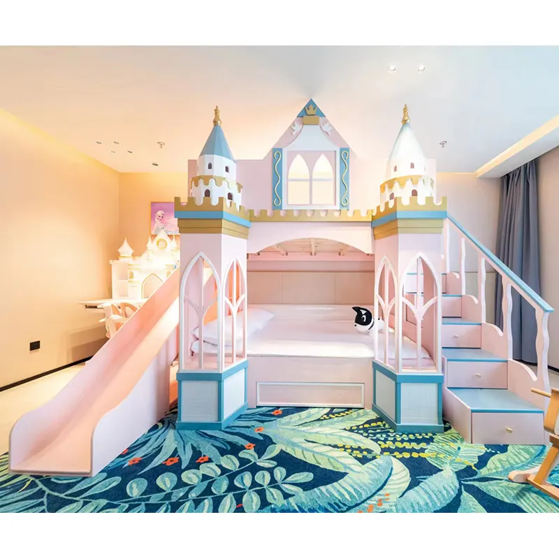 Filles de château de style européen lit haut et lit bas filles de lit superposé princesse rose avec toboggan et échelle