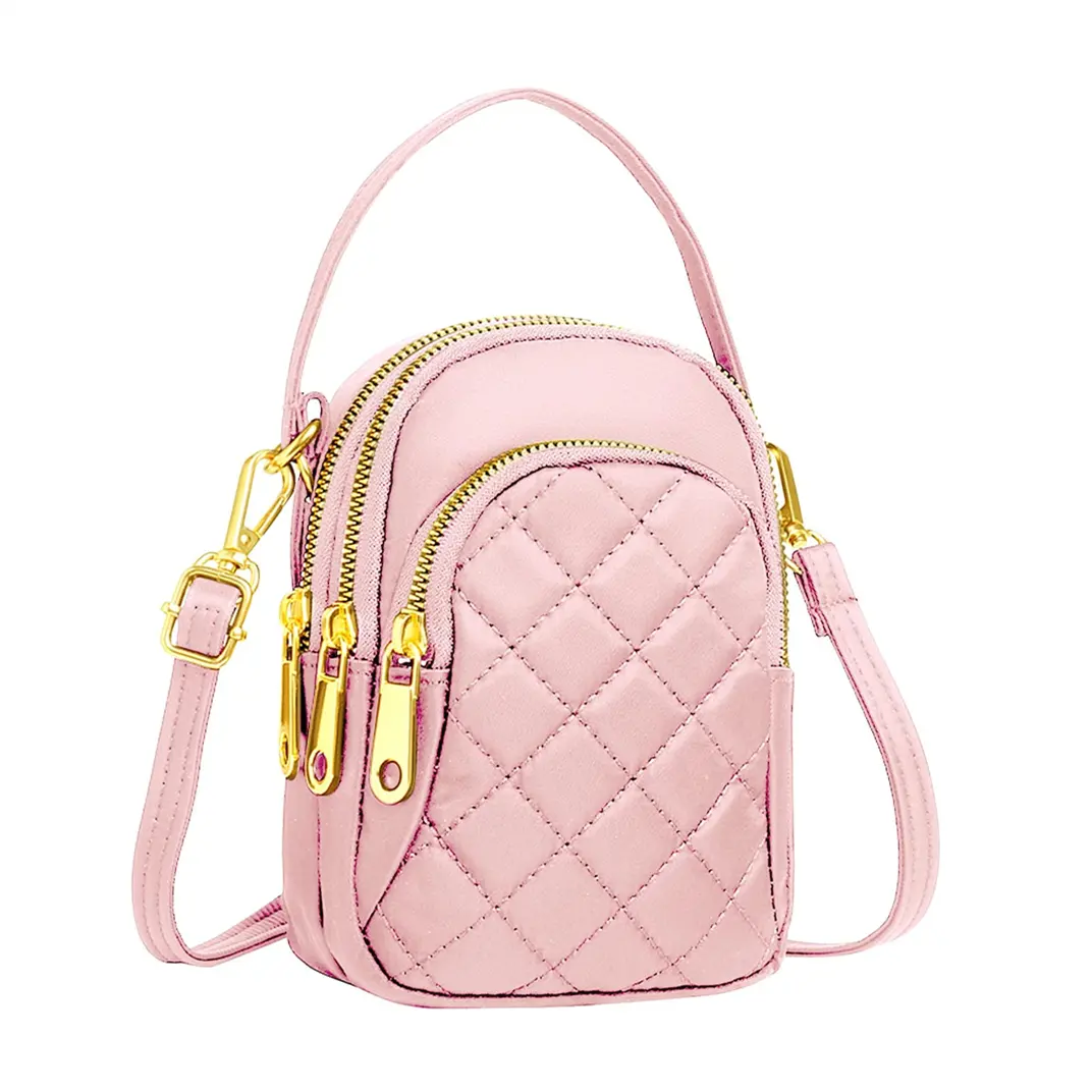 हेडफोन होल डिजाइन गुलाबी रजाई बना हुआ सेल फोन बैग सेल फोन क्रॉसबॉडी बैग महिला मोबाइल बैग