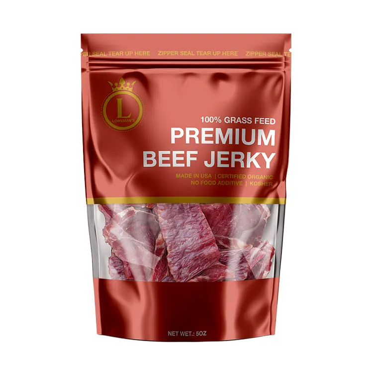 Custom Gedroogd Voedsel Snack Zakje Plastic Biltong Beef Jerky Verpakking Zakken Met Venster