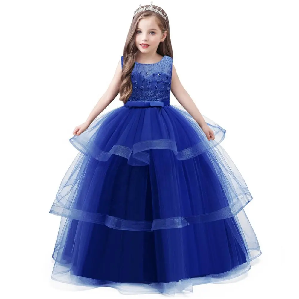 Azul Sem Mangas Até O Pavimento Longo Moda Ball Gown Kid Girl Party Dress Para A Menina De 7 Anos De Idade