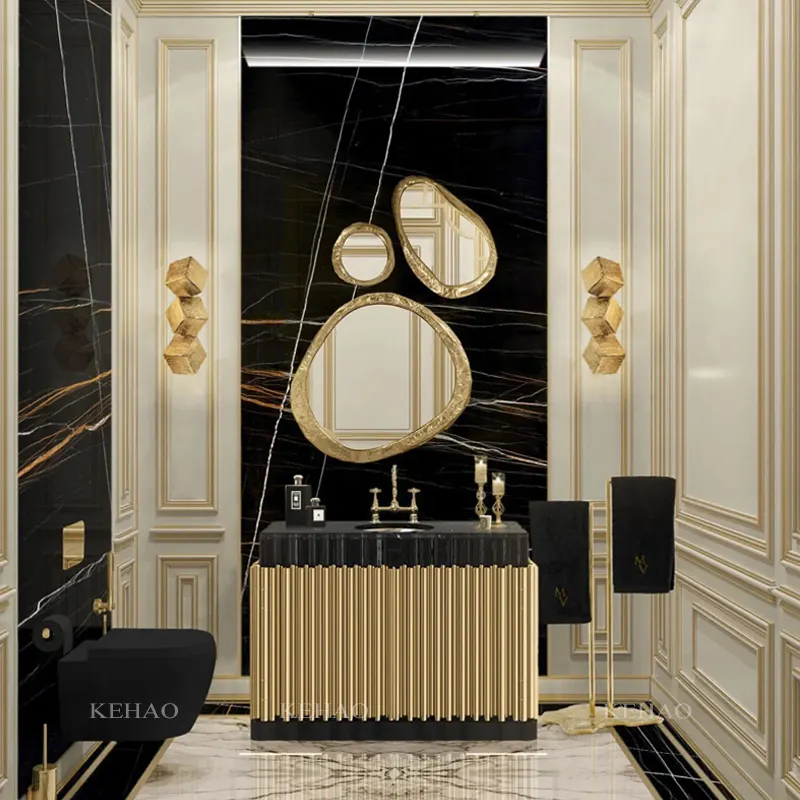 Mueble de baño de diseño italiano personalizado con lavabo, lavabo de tamaño pequeño con tapa de mármol negro de acero inoxidable