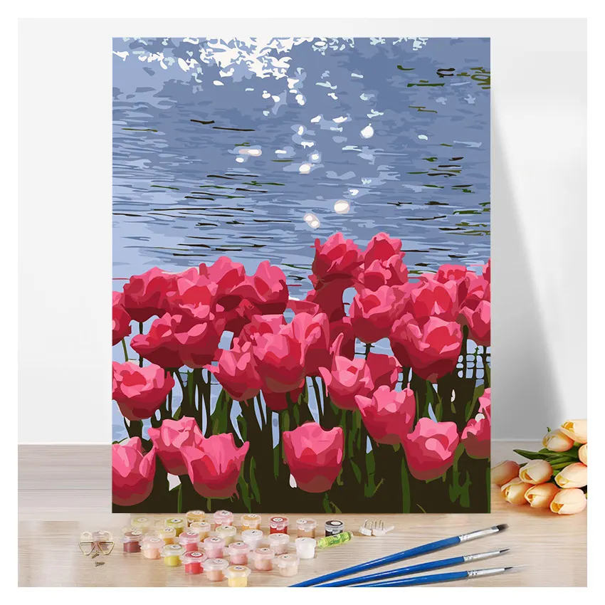 Venta al por mayor DIY pintura al óleo digital planta flor relleno dibujado a mano colorear pintura al óleo por números tulipanes Kits