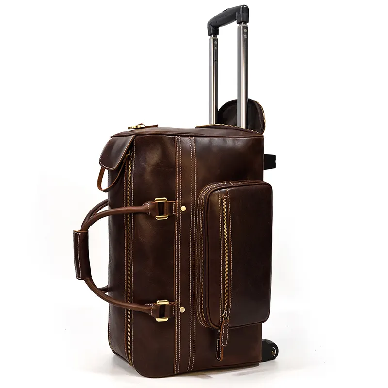 Duffle bolsa de viagem clássica de couro genuíno, masculina, de carrinho, grande capacidade, para o fim de semana