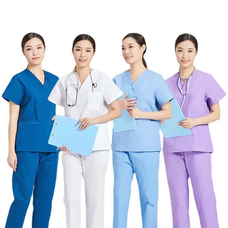 Haute qualité col en V élastique logo personnalisé filles blanc uniformes d'hôpital gommages infirmière médicale uniformes gommages uniformes ensembles
