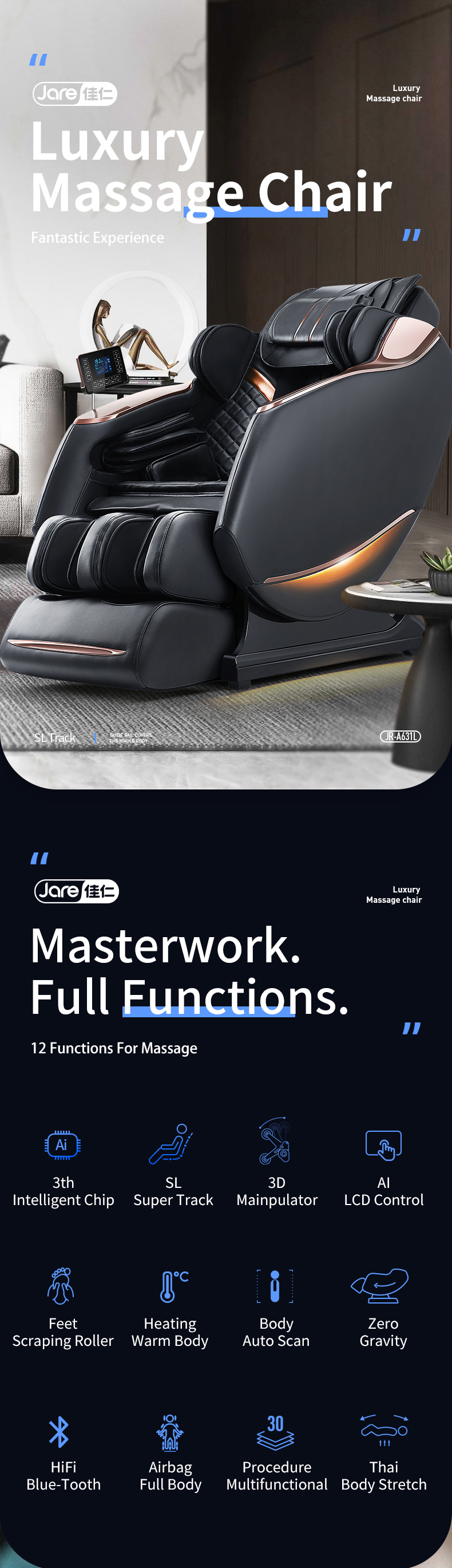 Jare A631L Luxury 4D Multifunction SL Track   Full Body  Air Bags Zero Gravity  Shiatsu Recliner Foot Roller  Massage Chair