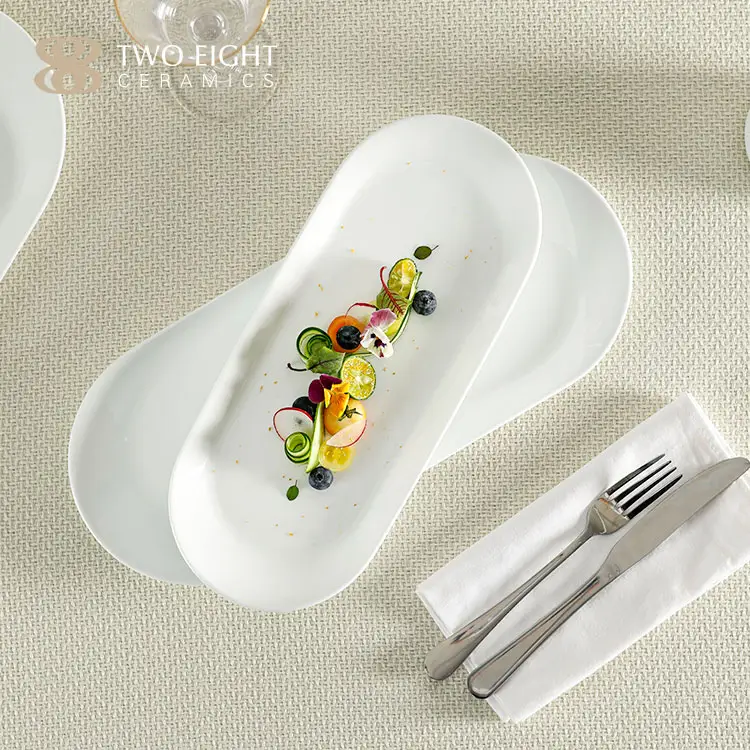 Plato Rectangular de cerámica para Catering, juego de platos de porcelana para boda, Buffet, tamaño completo