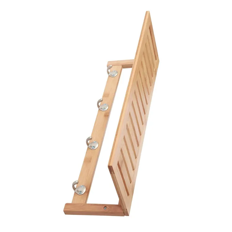 100% Bamboo Wooden Natural Shelf with 4 Stainless Steel Hooks bamboo wall shelf