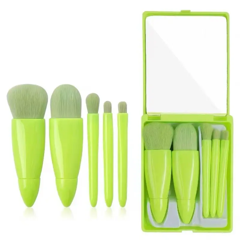 Set di pennelli per trucco 5 in 1 di vendita caldo con specchio set di pennelli per trucco cosmetico vegano portatile meke up tools