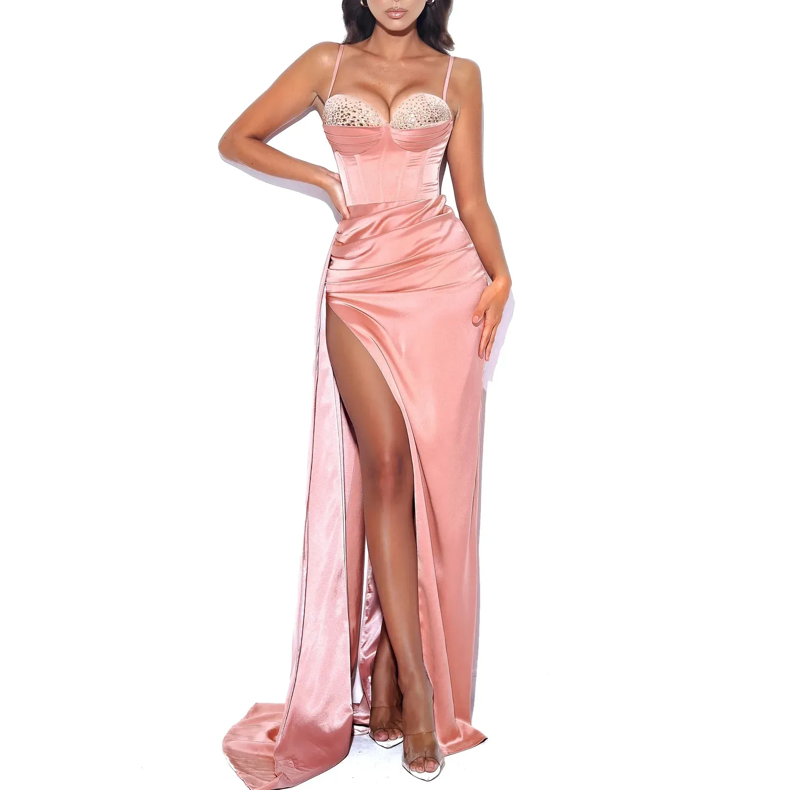 Custom Ladies Sexy Party Club Women Elegante Balloon Sleeve Prom High Slit Satin Bodycon Crystal corsetto abito da sera in raso