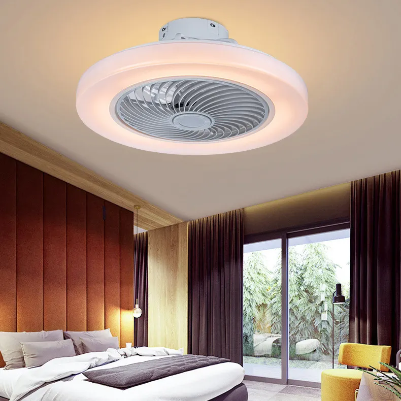 Ventilateur de plafond moderne pour chambre à coucher et salon avec lumière LED Forme ronde Ventilateurs de plafond LED à lame cachée