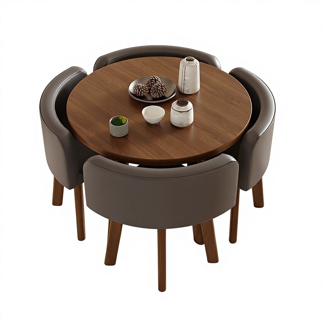 80cm walnut pattern round table + 4 dark gray leather chairs