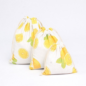Wholesale Eco-friendly Reusable <strong>Draw</strong> <strong>String</strong> <strong>Bag</strong> Lemon <strong>Pattern</strong> Cotton Linen Drawstring <strong>Bag</strong> Gift Packaging <strong>Bag</strong> - Product Image 1