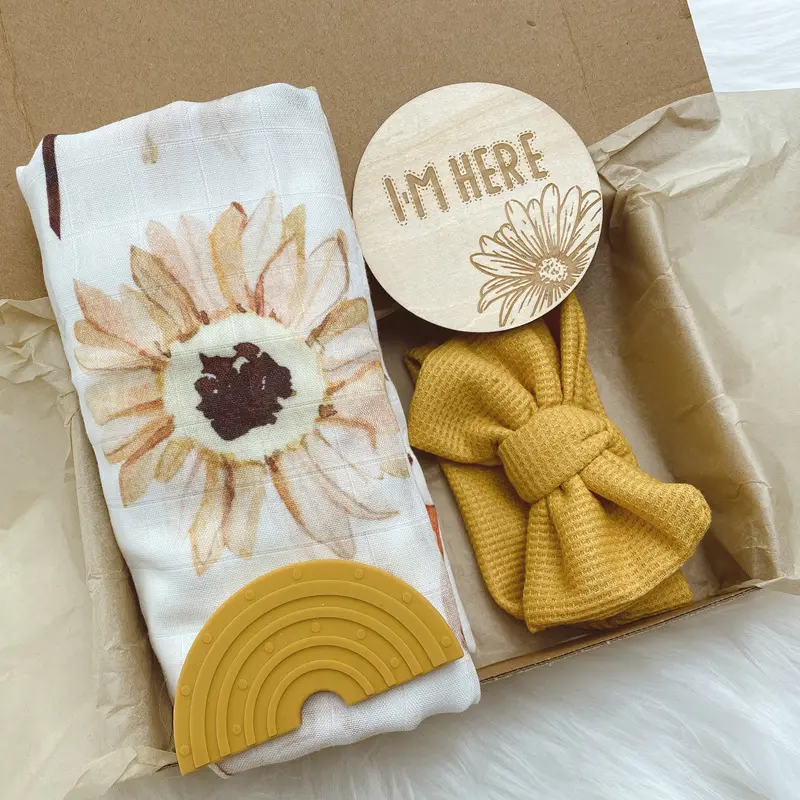 Caja personalizada envoltura de muselina algodón comodidad cepillo de madera Waffle manta Tarjeta de madera recién nacido bebés diadema ducha regalo conjunto