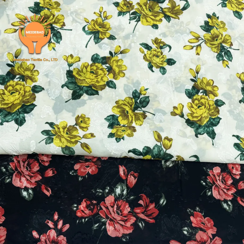 Ropa floral de gasa de punto de alta calidad, tela opaca, tela estampada Jacquard de poliéster para vestidos de falda